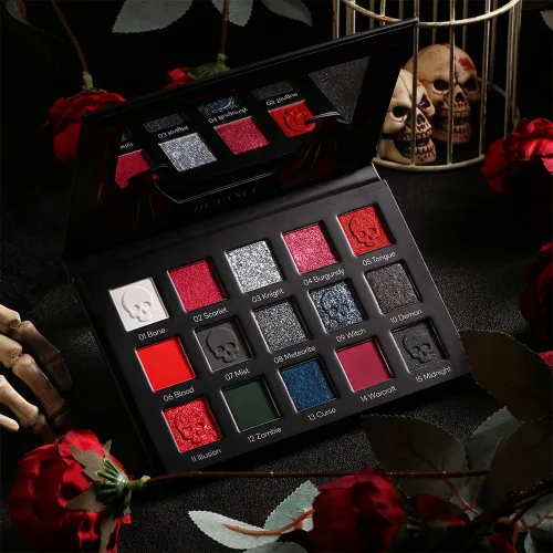 Miniatura 7 de Paleta de sombras de ojos roja y negra, maquillaje gótico rojo de Halloween Paleta de sombras de ojos negra con brillo plateado y purpurina, crema