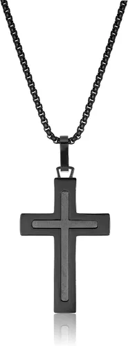 Metro Jewelry Collar con colgante de cruz en capas para hombre en acero inoxidable con chapado en iones negros de 24 pulgadas cadena redonda de