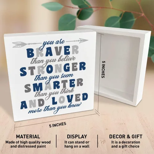 Miniatura 2 de Letrero de madera para habitación de niños, con texto en inglés «You Are Braver Than You Believe», decoración inspiradora de escritorio