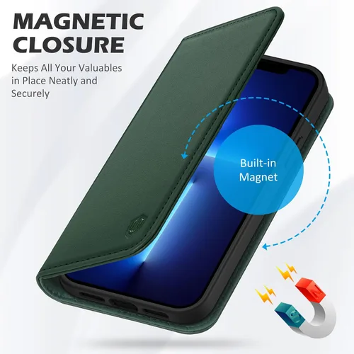 Miniatura 7 de SHIELDON Funda para iPhone 13, funda plegable de piel auténtica con función atril con bloqueo RFID, ranuras para tarjetas, funda magnética a prueba