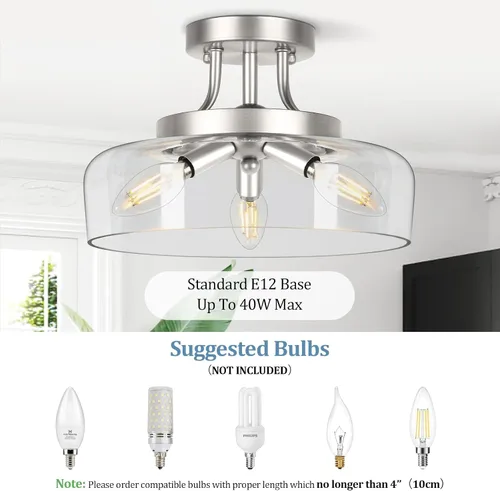 Miniatura 2 de TOBUSA Lámpara de techo semiempotrada de 3 luces, moderna lámpara de techo industrial de vidrio con base E12, lámpara de techo semiempotrada