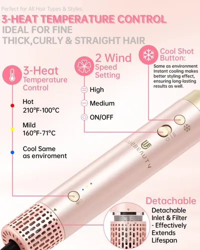 Miniatura 6 de Cepillo secador de pelo, estilizador de aire caliente de doble voltaje 8 en 1, secado rápido, 110,000 rpm, secador iónico con accesorios alisadores