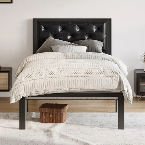Allewie Base de cama individual con cabecera tapizada de piel sintética, diseño elegante con costuras de diamante, no necesita somier, color negro