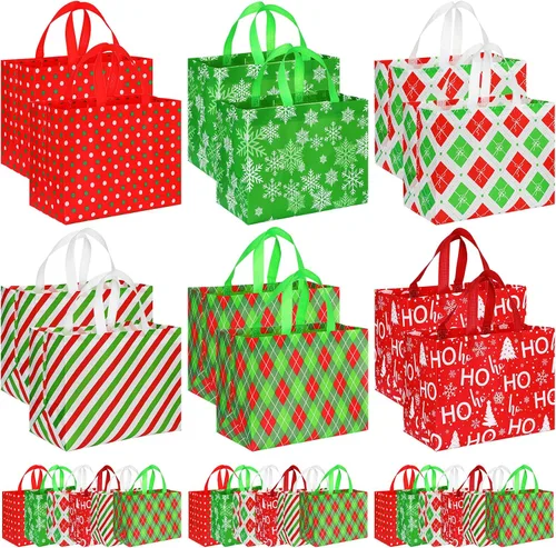 Miniatura 8 de Sanwuta 24 Bolsas de Navidad a Granel para Regalos 12.8 x 9.8 x 6.7 Pulgadas Bolsas Grandes de Transporte para Comestibles con Asas Rojas Verdes a