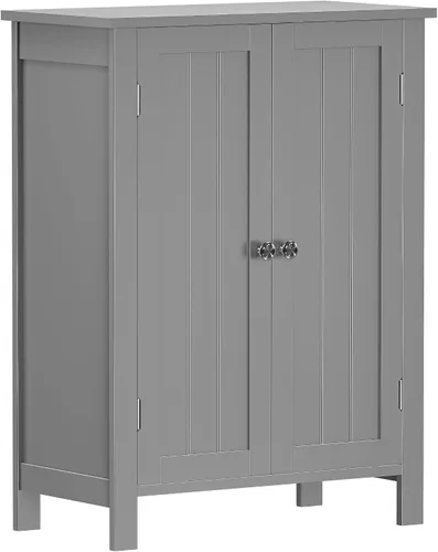 Miniatura 10 de ZENY Armario de almacenamiento de piso de baño con puerta doble + estante ajustable, armario organizador de madera para sala de estar, baño, Negro