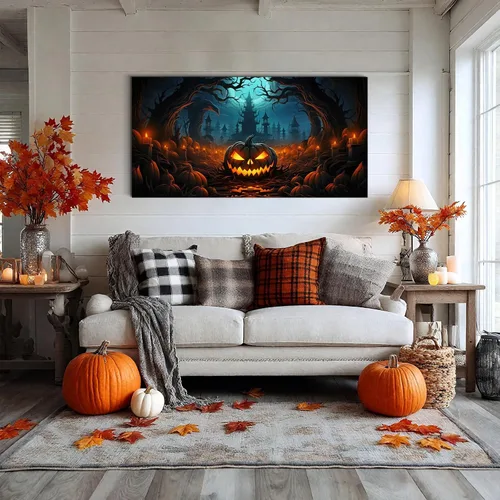 Miniatura 2 de YONICA Lienzo decorativo para pared de Halloween para sala de estar, decoración del hogar, calabaza de Halloween sobre lienzo de alta definición