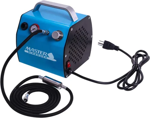 Master Airbrush Compresor de aerógrafo TC-77 con tanque pequeño, regulador, mini filtro de humedad en línea y manguera trenzada de 6 pies, 47 dB,