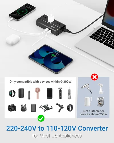 Miniatura 3 de BESTEK Convertidor de corriente de 250 W de 3 salidas y 4 puertos USB Transformador de voltaje de viaje 220V a 110V con adaptadores de enchufe