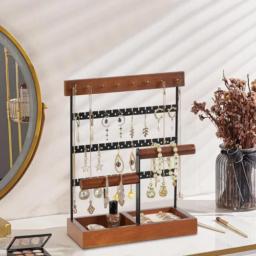 Miniatura 6 de JAZUIHA Organizador de joyas, soporte para collares, aretes, soporte organizador de 3 niveles con 15 ganchos, exhibición de pulsera con base
