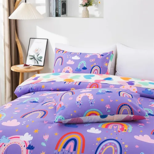 Miniatura 7 de Holawakaka Juego de edredón bohemio de arcoíris individual con sábanas, juego de ropa de cama bohemio de 5 piezas con corazón y estrella para niñas
