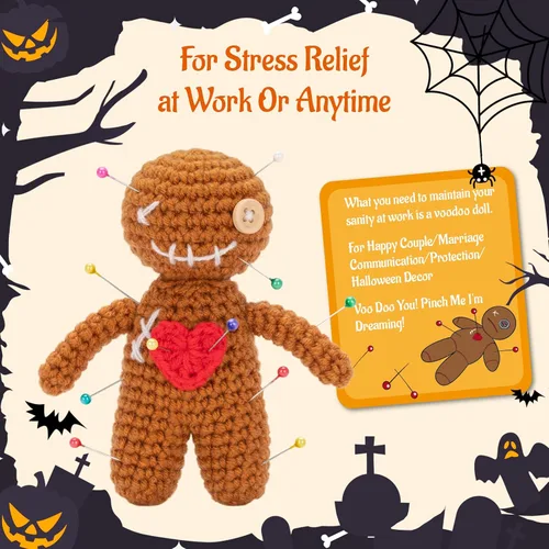 Miniatura 6 de Muñeca de vudú positiva graciosa hecha a mano de ganchillo rellena de peluche con tarjeta de afirmación de positividad para decoración de Halloween