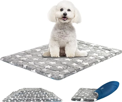 KROSER Alfombrilla para Jaula Reversible (Fría y Cálida), Lavable a Máquina, para Perros Pequeños a XXX-Grandes, Gris, Azul Marino, Patrón de