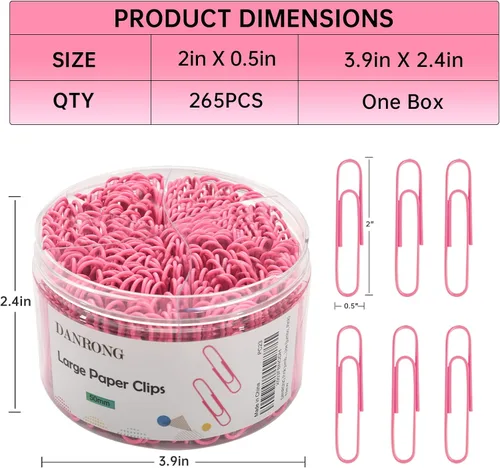 Miniatura 2 de Clips de papel color rosa jumbo, 265 clips de papel de 2 pulgadas, clips grandes para papeleo ideal para el hogar, la escuela y la oficina