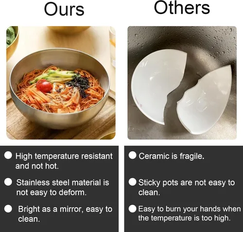 Miniatura 5 de Huakaile Paquete de 5 cuencos de acero inoxidable de 25 onzas, cuencos de sopa de metal con aislamiento térmico, cuencos de cereales con acabado