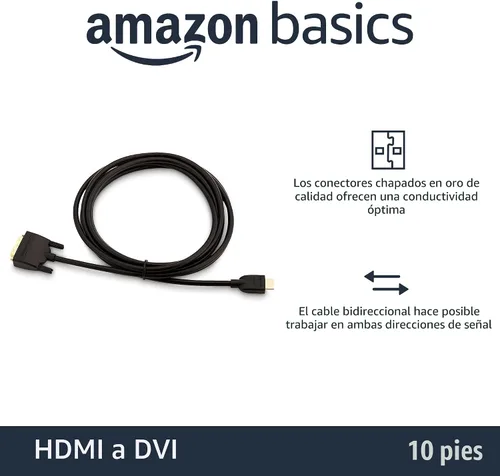 Miniatura 2 de Amazon Basics Cable Adaptador HDMI-A a DVI (Macho) Bidireccional 1080P, Chapado en Oro, 3.05 m, Paquete Individual, Negro