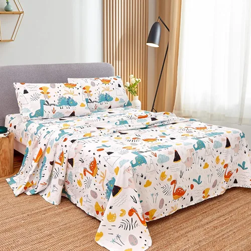 Miniatura 7 de JSD Juego de sábanas de dinosaurio para niños, tamaño individual, 3 piezas, sábanas de microfibra con estampado suave para niños y niñas, bolsillo