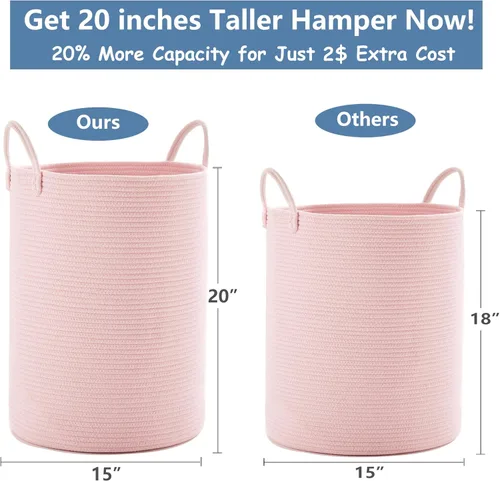 Miniatura 3 de 15Dx20H pulgadas Cesta de lavandería grande rosa para niños, cesta de lavandería de cuerda tejida para guardería, para habitación de niñas, Rosa1
