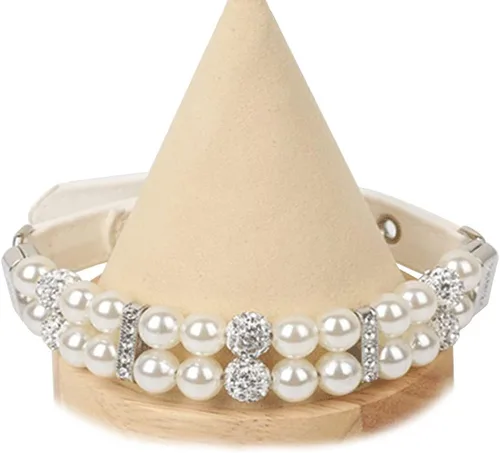 Miniatura 6 de HOWWFALY Collares de perlas para perros y gatos con diamantes de imitación de cristal, collar de piel sintética, collar ajustable para perros