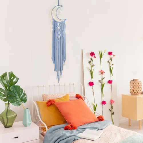Miniatura 8 de Colgante de pared tejido de macramé bohemio, crochet, luna creciente, estrella, atrapasueños con luz, algodón azul, hecho a mano, bohemio, Azul bebé