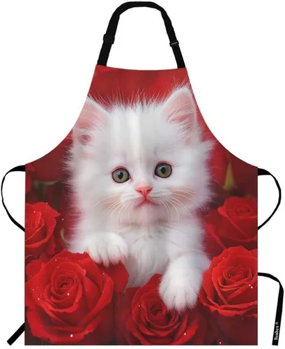 Delantal con peto Cat Rose – Correa ajustable para el cuello, blanco, delantal de trabajo de poliéster – 27 x 31 pulgadas