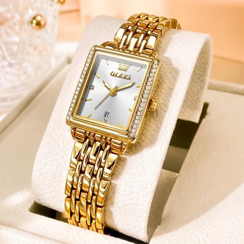 Miniatura 4 de OLEVS Reloj de mujer de oro de acero inoxidable, reloj de cara cuadrada pequeña con decoración de diamantes, reloj de vestir de cuarzo analógico