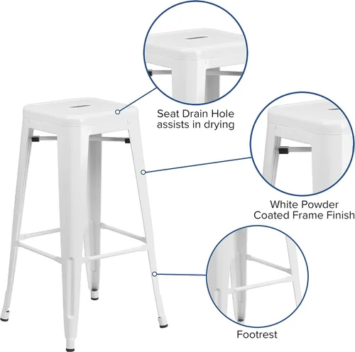 Miniatura 6 de Flash Furniture Lily - Juego de 4 taburetes de bar de metal blanco sin respaldo de 30 pulgadas de alto grado comercial para interiores y exteriores