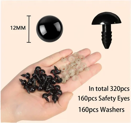 Miniatura 2 de Las 320 piezas incluyen 160 ojos de seguridad de plástico negro de 0.472 pulgadas (0.472 in), ojos de seguridad con 160 arandelas para Amigurumi