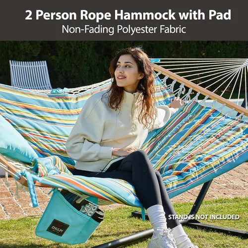 Miniatura 2 de CHULIM Hamaca doble para exteriores con barras de soporte de madera dura, gran hamaca de cuerda con almohada de poliéster y cojín, capacidad de 224