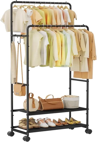 Simple Trending Perchero para colgar ropa, perchero de doble barra con estantes, carga de 400 libras, perchero con ruedas, color negro