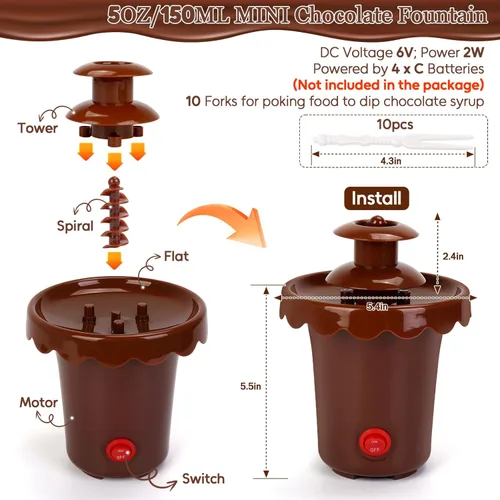 Miniatura 3 de Mini fuente de chocolate de 5 onzas con 10 tenedores, mini máquina de inmersión de chocolate de 2 niveles para uso con jarabe de chocolate, apta Café