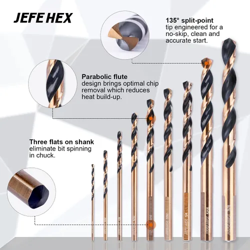 Miniatura 2 de JEFE HEX Juego de brocas helicoidales de 9 piezas, 3 vástagos planos con punto de división de 135°, juego de brocas Jobber de 1/16 pulgadas, 3/32