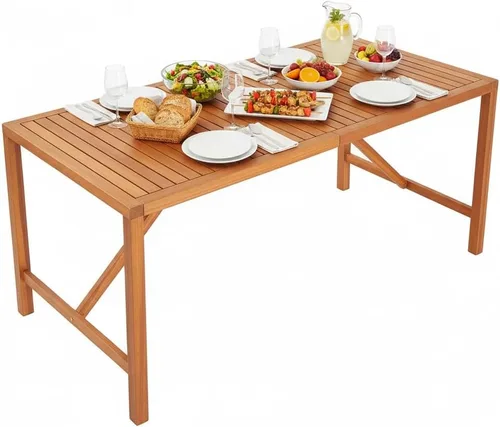 Miniatura 12 de Tangkula Mesa de comedor rectangular para exteriores, mesa de madera de acacia con agujero para sombrilla de 2 pulgadas, amplia mesa de listones