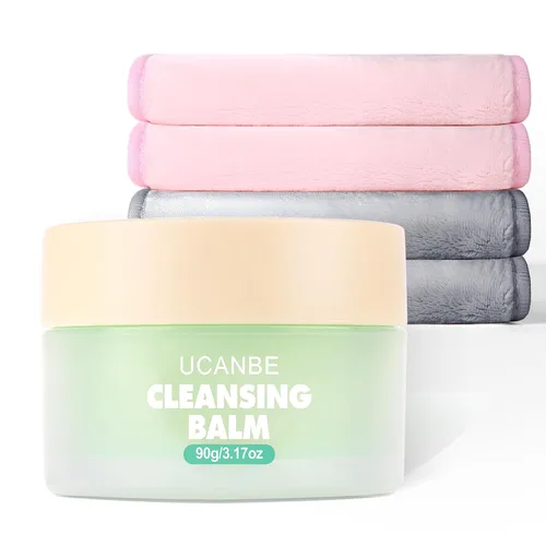 UCANBE Bálsamo limpiador de maquillaje, bálsamo limpiador de 3.17 onzas + 4 paños desmaquillantes de gran tamaño, bálsamo limpiador de maquillaje
