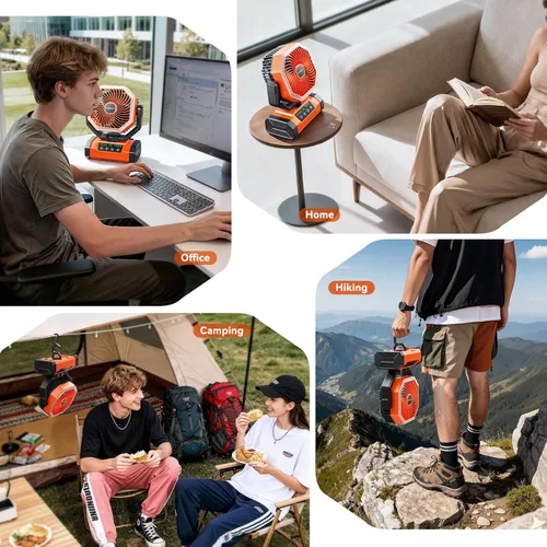 Miniatura 7 de Ventilador de campamento de 20000 mAh con luz LED, ventilador de escritorio oscilante automático con control remoto y gancho, ventilador de tienda