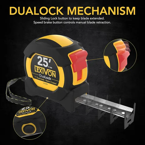 Miniatura 5 de LEXIVON [2-Pack] Cinta métrica DuaLock de 25 pies/7,5 m Cuchilla de 1 pulgada de ancho con revestimiento de nailon, acabado mate blanco y amarillo