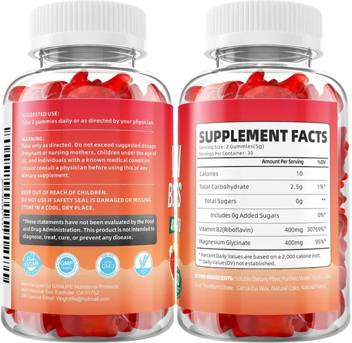 Miniatura 9 de Gomitas de vitamina B2, riboflavina de 400 mg con magnesio para niños y adultos, gomitas B2 para alivio de la migraña y apoyo energético, sabor a