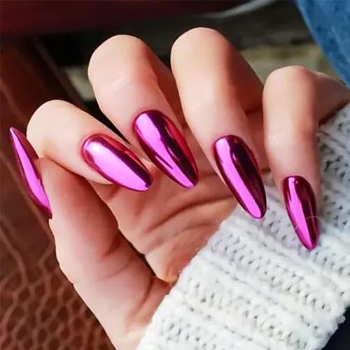 Miniatura 17 de Uñas postizas cromadas negras a presión de almendra mediana, uñas postizas de aguja con diseño brillante, uñas postizas acrílicas de metal brillante