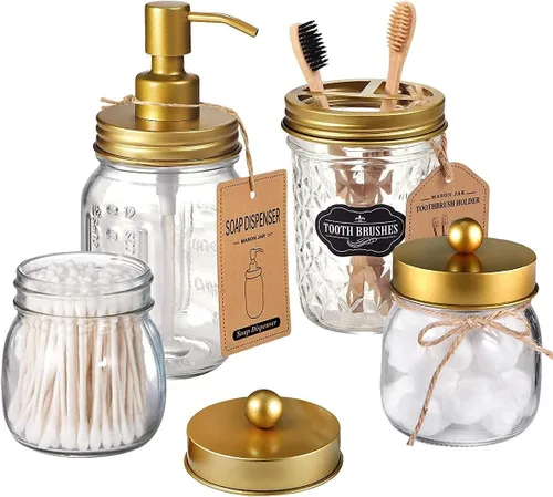 Miniatura 7 de Amolliar Juego de accesorios de baño de 4 piezas y 2 tarros de masón dorados, 3 dispensadores de jabón de loción y 2 soportes para hisopos