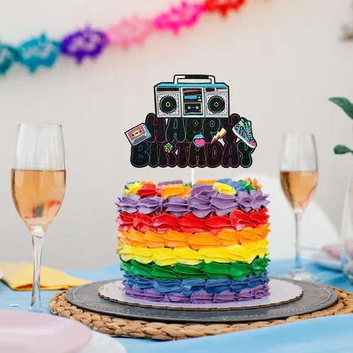 Miniatura 5 de Decoración retro para tartas de cumpleaños de los años 90, decoración de pastel de discoteca hip hop con cinta de casete Boombox y tenis