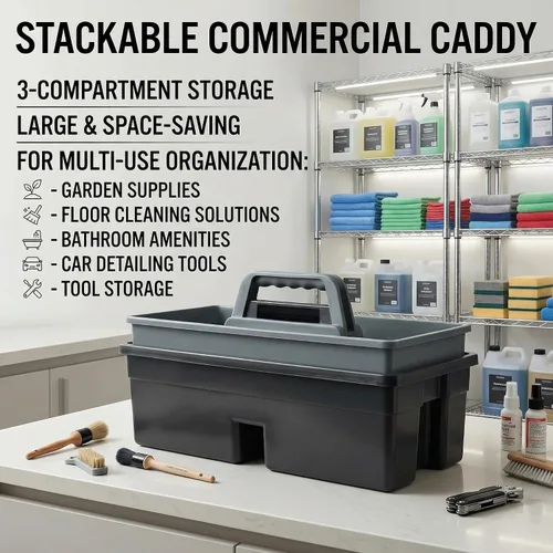 Miniatura 3 de Cesta de limpieza de plástico con 3 compartimentos – Cubo organizador de herramientas de plástico apilable de calidad comercial grande con asa