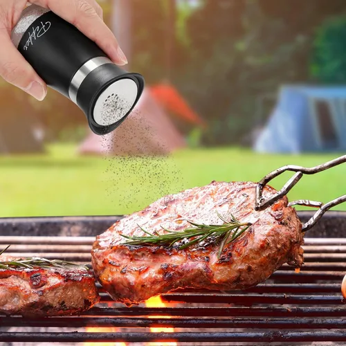 Miniatura 4 de Accmor Juego de saleros y pimenteros con soporte, recipientes de acero inoxidable de 4 onzas con fondo de vidrio para cocina, barbacoa, bar, mesa