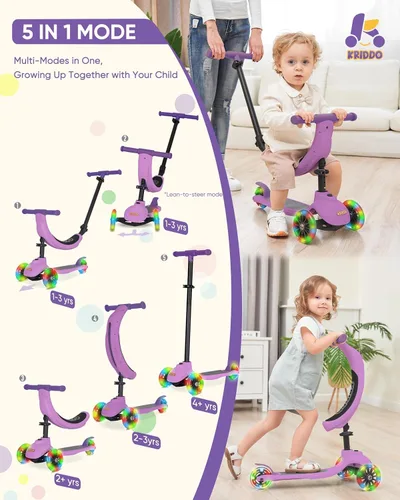 Miniatura 2 de KRIDDO - Patinete 3 en 1 para niños de 1 a 5 años, patinete plegable con 3 ruedas iluminadas, tabla ancha, altura ajustable, manillar para aprender