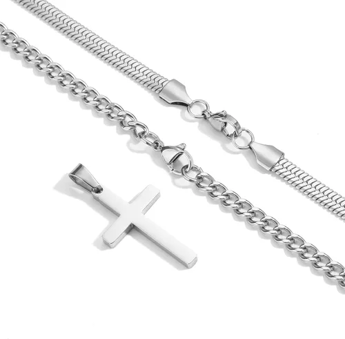 Miniatura 5 de Zocomi Collar de cruz para hombres y niños, acero inoxidable en capas de eslabones cubanos con cadena de espiga colgante de cruz cristiana, joyería