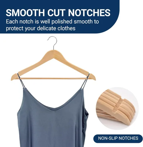 Miniatura 3 de Amber Home Paquete de 30 perchas de madera para abrigos, perchas de madera natural con barra antideslizante para pantalones, perchas para camisas