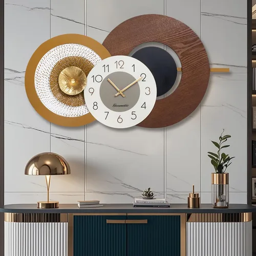 Miniatura 13 de Reloj de pared Anmotpe moderno, operado con batería, grandes relojes negros de metal y madera, estilo retro, reloj de pared grande de metal