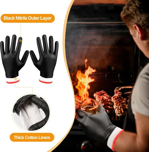 Miniatura 2 de Janmercy 200 piezas Guantes desechables de barbacoa de nitrilo con 4 pares de forro de algodón Guantes para parrilla, cocina, limpieza para ahumador
