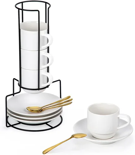 Miniatura 14 de Lareina Tazas de Espresso de Porcelana de 3 Onzas, Juego de 6, Pequeñas Tazas de Café Apilables con Platillos, Cucharas y Soporte de Metal - Tazas