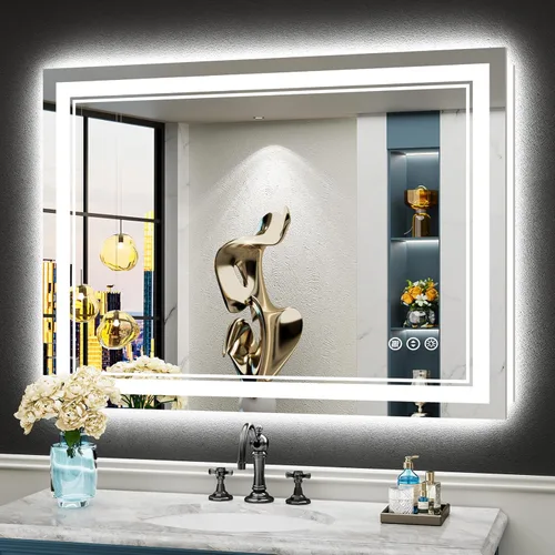 Miniatura 10 de 30x36 Espejo de baño LED con luces, retroiluminado y luz frontal, espejo de tocador iluminado antivaho para pared de baño, 3 colores, regulable