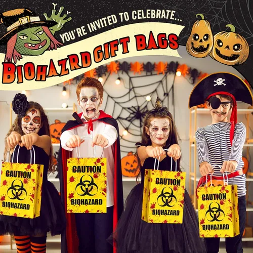 Miniatura 8 de TaoBary 24 bolsas de regalo de Halloween de peligro biológico de Halloween, bolsas de regalo de papel con asas, temática de zombies, recuerdos