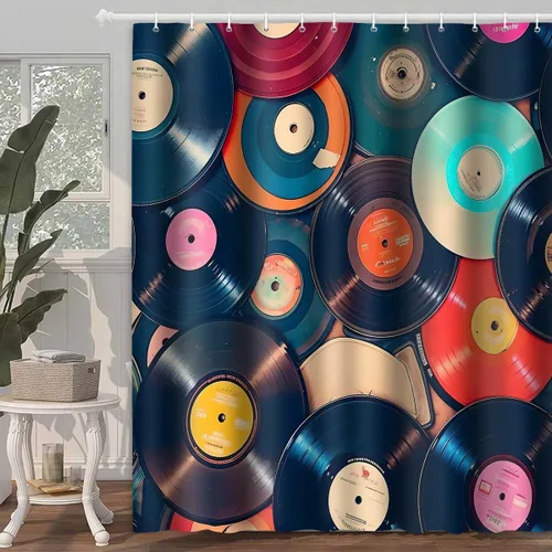 Miniatura 3 de YLOKTP0796 - Cortina de ducha con música retro, 36 x 72 pulgadas, discos musicales, álbum de baño, bañeras, juego de decoración con 6 ganchos